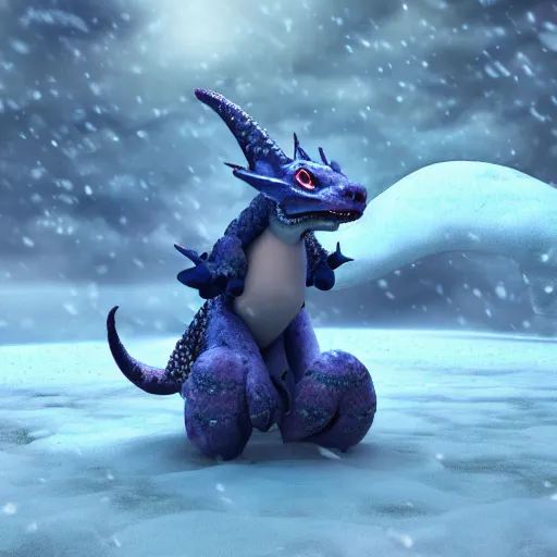 Image similar to HD, 3d render,furry , chubby female dragon , blue scales. playing in the snow