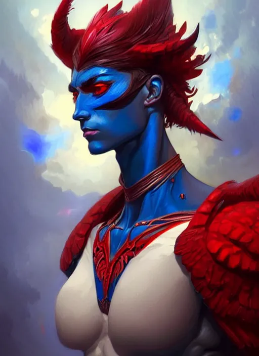 Image similar to portrait of aggressive pigeon humanoid, d & d, muscular! blue and red, fantasy, intricate, elegant, highly detailed, digital painting, artstation, concept art, smooth, sharp focus, illustration, art by artgerm and greg rutkowski and alphonse mucha