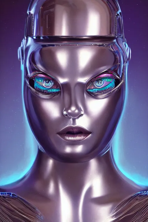 Image similar to retro-futuristic facial portrait of a beautiful female android in vintage used look chrome armour, rim light, ornate pattern, glowing eyes, evil expression, high details, intricate details, painting by vincent di fate, artgerm julie bell beeple, 80s, Smooth gradients, High contrast, depth of field, very coherent symmetrical artwork