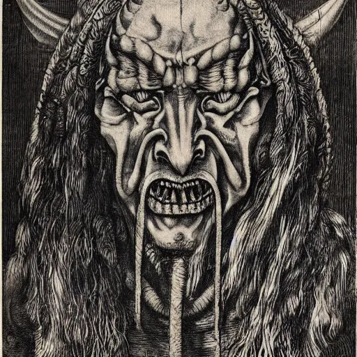 Prompt: portrait of a japanese demon, highly detailed, by albrecht durer