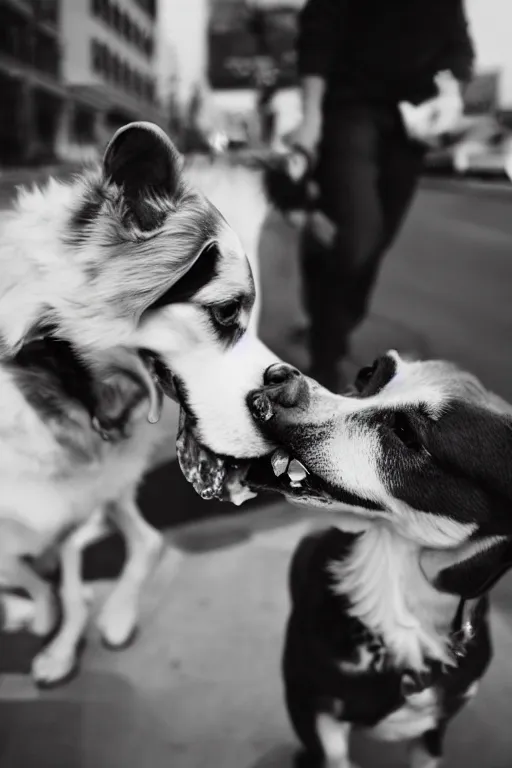 Prompt: Street photography of a dog licking an ice-cream, polaroid