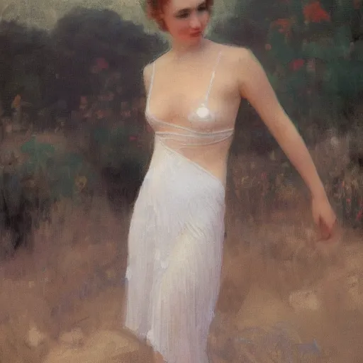 Image similar to a beautiful woman in an elegant see-thru white dress, wearing a black bikini underneath, 1920s, by Ilya Repin and WLOP, 8k octane render