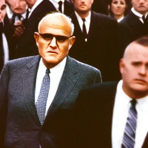 Image similar to wide shot film color photograph of rudy giuliani acting suspiciously while present during the Zapruder film November 22, 1963, Dallas, TX