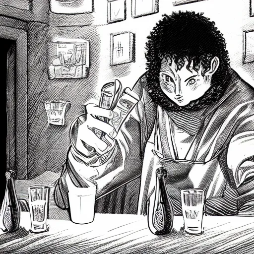 Image similar to the bartender tells the client a story about how he was robbed by a clown a medieval town in the style of kentaro miura, 4 k, 8 k, absolute detailing of even the smallest details and particles, beautiful shadows, beautiful art, black and white drawing