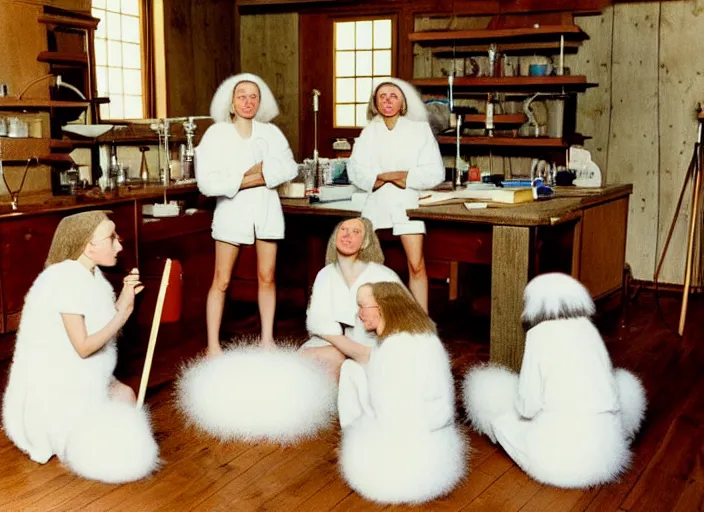 Image similar to realistic photo of a group of medieval female scientists wearing white shorts, watching at a levitating fluffy furry cloud, in a living room laboratory with many wooden gadgets made of wood interior is made of wood 1 9 9 0, life magazine reportage photo, natural colors