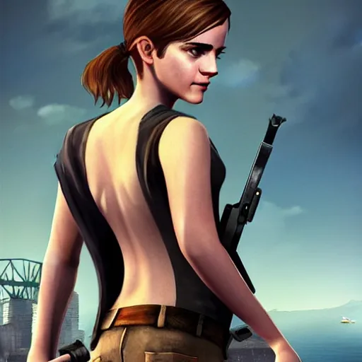 Image similar to emma watson in gta v, cover art by stephen bliss, artstation, no text