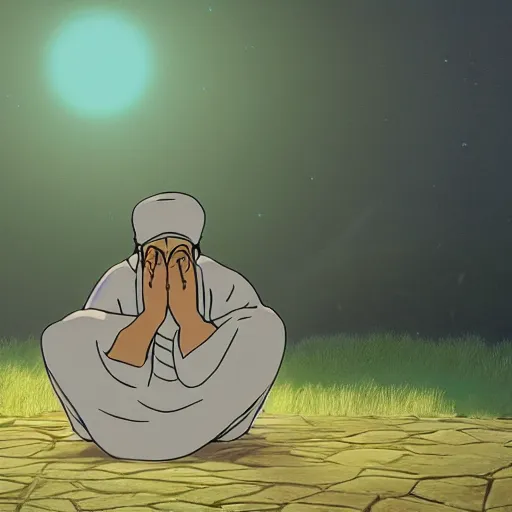 Image similar to a cell - shaded cartoon movie still from princess mononoke ( 1 9 9 7 ) of a middle eastern imam kneeling in prayer. a golden ufo is in the sky. very dull muted colors, hd, 4 k, hq