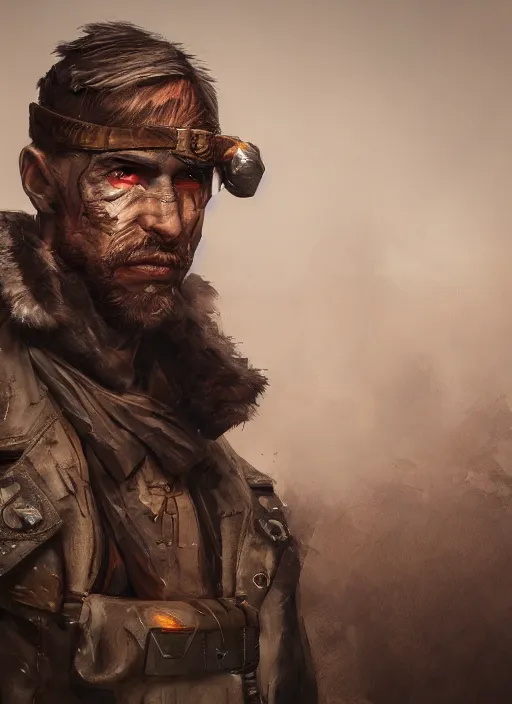 Image similar to A post apocalyptic comic book style portrait painting of a male ranger elder, unreal 5, DAZ, hyperrealistic, octane render, cosplay, RPG portrait, dynamic lighting