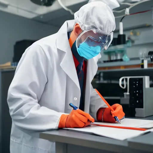 Image similar to mothman, wearing a labcoat, in a lab, writing on a clipboard