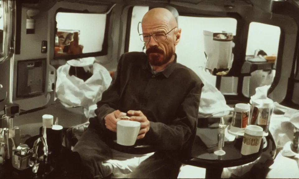 Image similar to 3 5 mm film still, walter white having a coffee break in space