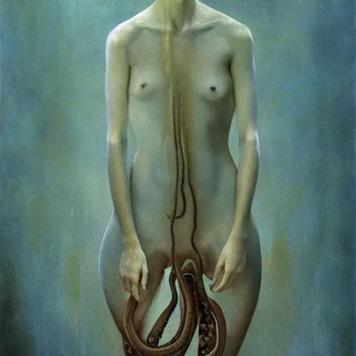 Image similar to clothed woman with tentacles as appendages, painting by Zdzislaw Beksinski and Marat Safin