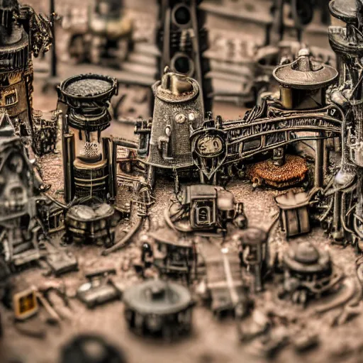 Prompt: macro photo of a miniature steampunk city, canon 8 0 d, canon 1 0 0 mm f / 2. 8