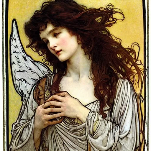 Prompt: a painting of a beautiful angel by rebecca guay and by john william waterhouse and by arthur rackham and by alphonse mucha, art noveau, neo-classical, detailed, proportional