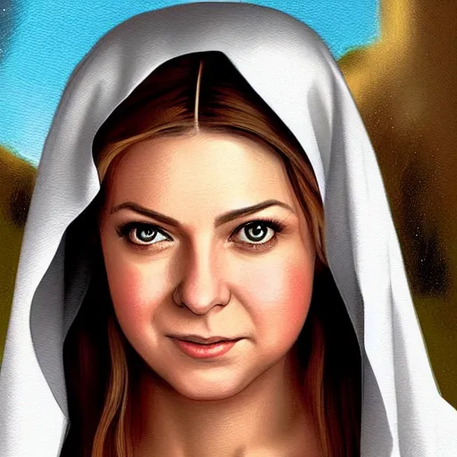 Image similar to melissa joan hart as virgin mary, digital illustration, by artgerm and greg rutkowski,