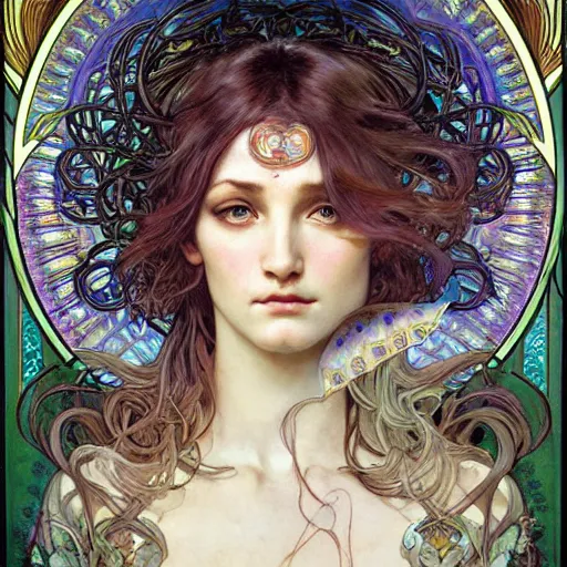 Prompt: realistic detailed face portrait of the Goddess of Psychedelics by Alphonse Mucha, Ayami Kojima, Amano, Charlie Bowater, Karol Bak, Greg Hildebrandt, Jean Delville, and Mark Brooks, Art Nouveau, Neo-Gothic, gothic, rich deep moody colors