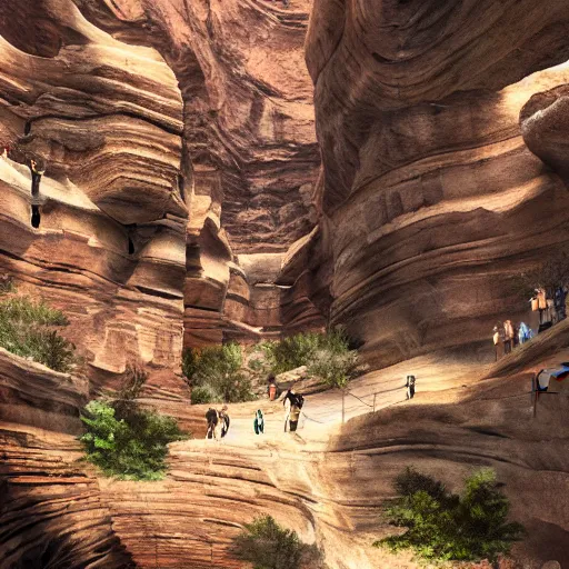 Image similar to canyon with steep rock walls on each side and a constructed stage in the center with people putting on a performance, high quality digital art, cinematic lighting, 4 k, concept art