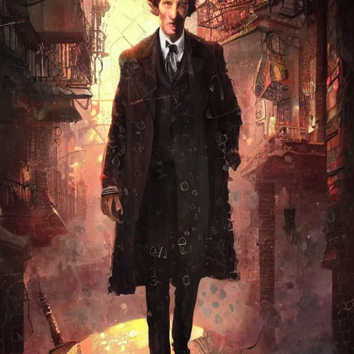 Image similar to portrait of stylized michael cain as sherlock holmes looking troubled, intricate detail, digital painting, particles floating, whimsical background by marc simonetti, artwork by ross tran + ramond swanland + liam wong