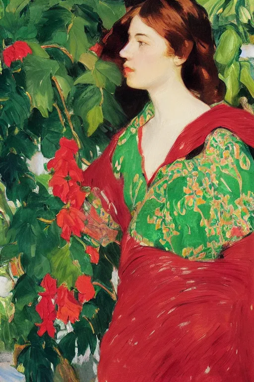 Image similar to a girl with arabesque red and green and golden detailed scarf near bougainvillea and mexican palms, persian carpet, painting by john singer sargent