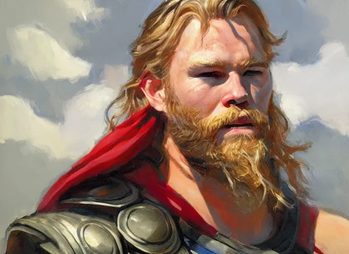 Image similar to a highly detailed beautiful portrait of thor, by gregory manchess, james gurney, james jean