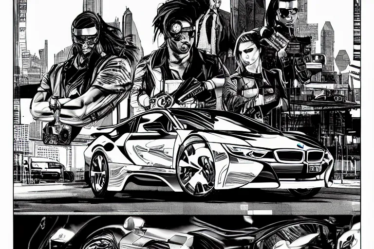 Image similar to bmw i 8, a page from cyberpunk 2 0 2 0, style of paolo parente, style of mike jackson, adam smasher, johnny silverhand, 1 9 9 0 s comic book style, white background, ink drawing, black and white