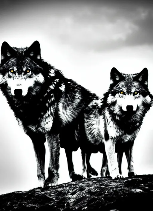 Image similar to two wolves black and white portrait white sky in background