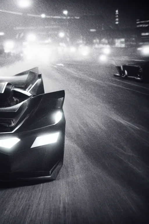 Prompt: the batmobile driving through gotham city at night. fluorescent light. pov from behind the wheel. octane render. 8 k. monochrome. black and white. mist. atmospheric. cinematic.