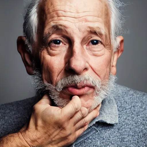 Prompt: portrait of a baby with the face of an old man, old skin, gray hair, gray beard, 8k, photo by annie leibovitz