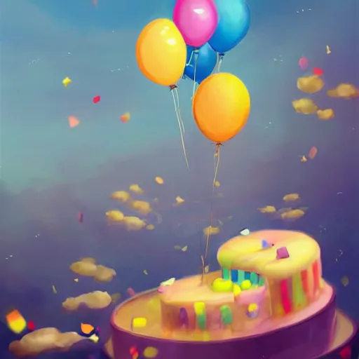 Image similar to a giant floating cake and plenty of floating birthday balloons. digital art, highly - detailed, artstation cgsociety masterpiece