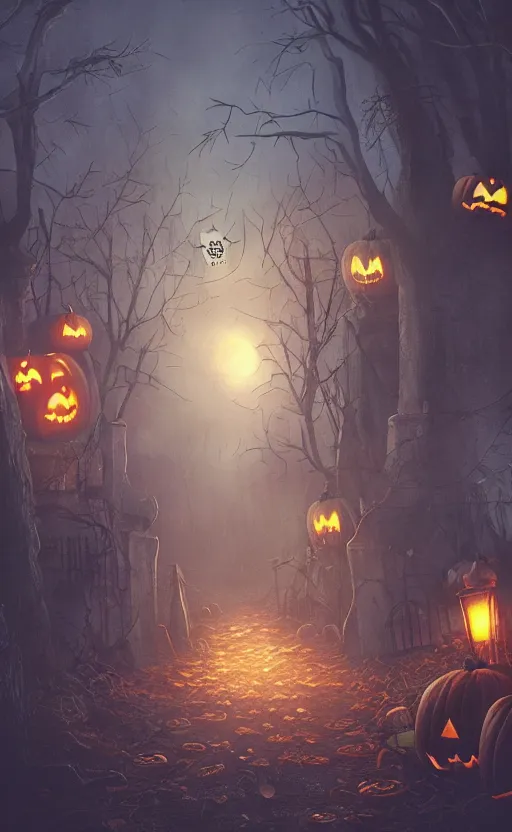 Image similar to a creepy and eery Halloween setting, with Jack o lanterns on the street and shadow figures lurking about, dynamic lighting, photorealistic fantasy concept art, stunning visuals, creative, cinematic, ultra detailed, trending on art station, spooky vibe