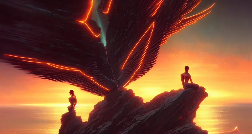 Image similar to tron wings in front sunset, cliffside ocean scene, backlit, aesthetic, diffuse lighting, hyper realistic, elegant, intricate, hyper detailed, smooth, sharp focus, concept art, illustration, trending on artstation, art by artem demura, greg rutkowski, james gurney, and alphonse mucha