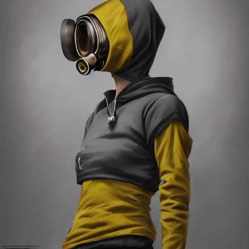 Image similar to luxury advertisement, a highly detailed epic cinematic concept art CG render digital painting artwork of a girl in a grey hoodie with a yellow rebreather half-mask. By Greg Rutkowski, Ilya Kuvshinov, WLOP, Stanley Artgerm Lau, Ruan Jia and Fenghua Zhong, trending on ArtStation, made in Maya, Blender and Photoshop, octane render, excellent composition, cinematic atmosphere, dynamic dramatic cinematic lighting, aesthetic, very inspirational, arthouse