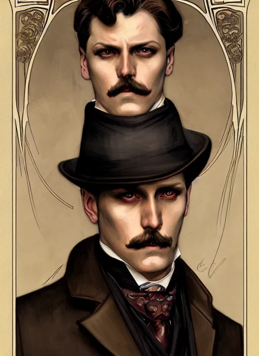 Prompt: an art nouveau, victorian male detective portrait in the style of charlie bowater, and in the style of donato giancola, and in the style of charles dulac. very large, clear, expressive, intelligent eyes. symmetrical, centered, ultrasharp focus, dramatic lighting, photorealistic digital painting, intricate ultra detailed background.