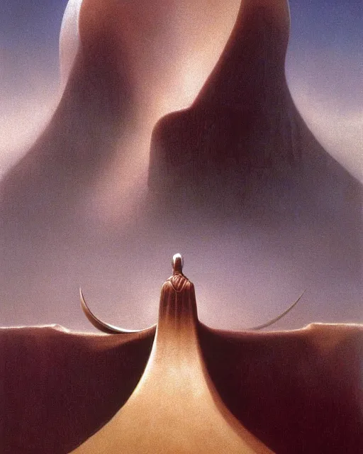 Prompt: paul atreides as emperor of dune, cinematic lighting, mist, sci-fi movie, mystical, oil painting by frank herbert and zdzislaw beksinski