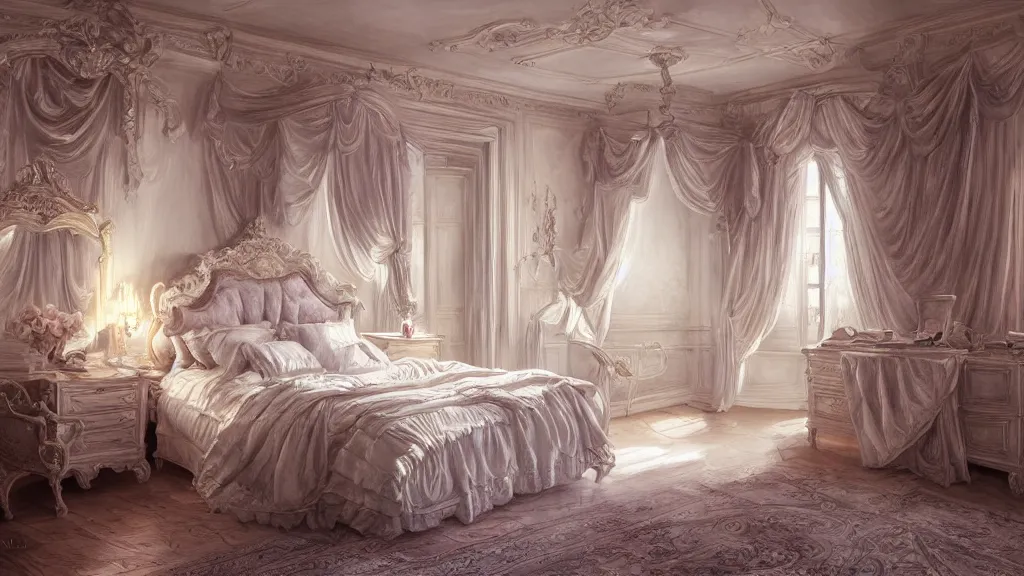Prompt: french bedroom, ultra detail, photoreal, professionally retouched, wide angle, 8 k high definition, insanely detailed, intricate, elegant, art by artgerm and wlop