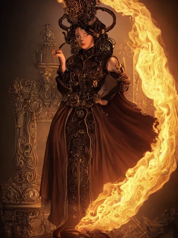 Prompt: evil steampunk pyromancer woman, beautiful detailed face, ornamental halo, black shirt, brown body, longcoat, intricate robes, sitting on obsidian throne, fractal fire background, sharp focus, highly detailed, cinematic lighting, studio quality, chiaroscuro, smooth render, unreal engine 5 rendered, octane, rendered, by artgerm, greg rutkowski, alphonse mucha