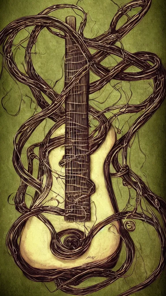 Prompt: a guitar with long thick vines wrapping around it, fantasy art, art station,