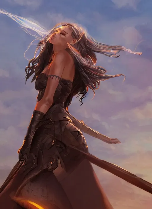 Prompt: fantasy heroine looking heroically at the sky at dusk, profile, in the style of Milica Čeliković and James Daly, artstation, digital art, full body, detailed face, castle in the background