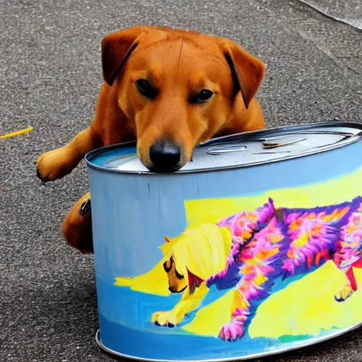 Image similar to a dog plays accordion sitting on the rim of a giant can of paint, its toes dipped into the paint