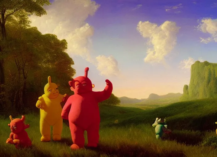 Image similar to american realist romanticism landscape painting of teletubbies in the style of hudson river school and thomas cole and albert bierstadt and robert duncanson