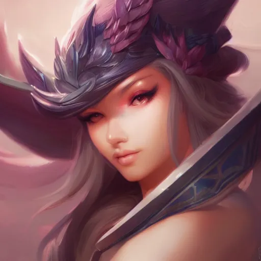 Image similar to Ahri, League of legends, fantasy, portrait, highly detailed, digital painting, trending on artstation, concept art, sharp focus, illustration, art by artgerm and greg rutkowski and magali villeneuve