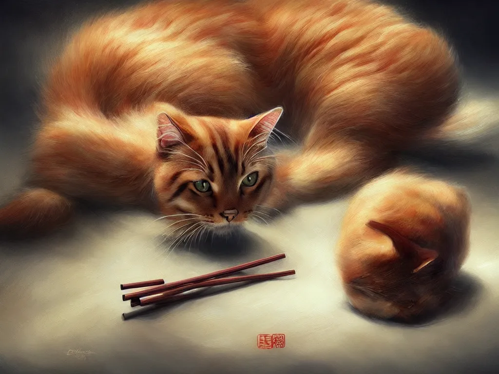 Image similar to a beautiful picture of a cat rolled up into sushi, studio picture, realistic illustrative painting, artgerm, visionary arts, huang guangjian