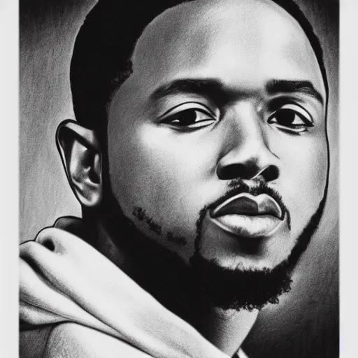 Prompt: black and white graphite drawing of Kendrick Lamar