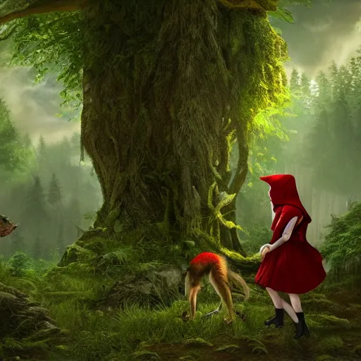 Prompt: portrait of a smirking heavily armed little red riding hood with a cute and beautiful face, getting attacked by a werewolf from behind in a lush green forest, sharp focus, unreal engine 5, digital illustration, volumetric light, highly detailed, intricate, by michael whelan, james gurney, 8 k