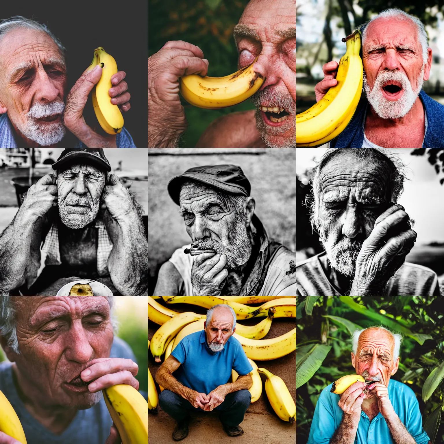 Prompt: photography of old tired man eating a huge banana