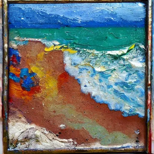 Prompt: oil paint impasto relief, beautiful italian beach scene, multi layered thick brush marks, some splattered paint, in the style of francis bacon and van gogh