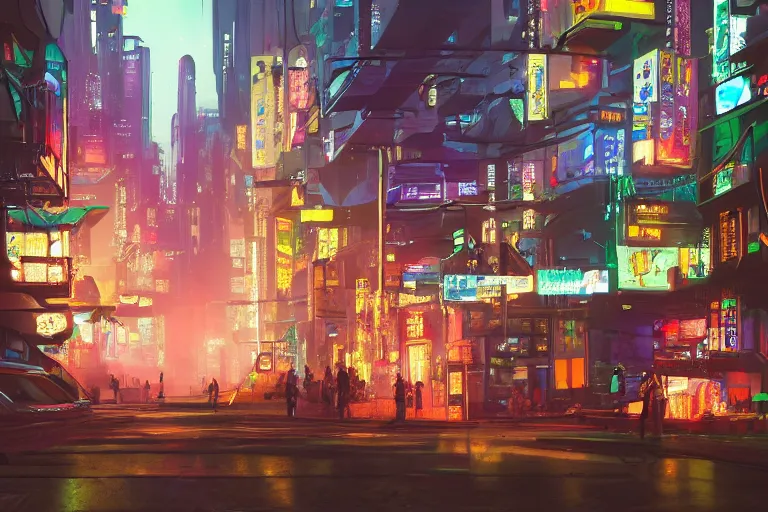 Image similar to A beautiful eye-level view of a cyberpunk city street in a Japanese rainforest, trending on artstation, artstation futurism, artstation digital, artstation neon, soft, golden lighting, 4k, 8k