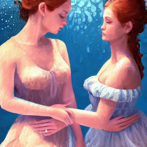 Image similar to an oil painting of two women under water holding hands, photo realistic, intricate details, flowing dresses and hair, volumetric lighting, Jennifer packer style