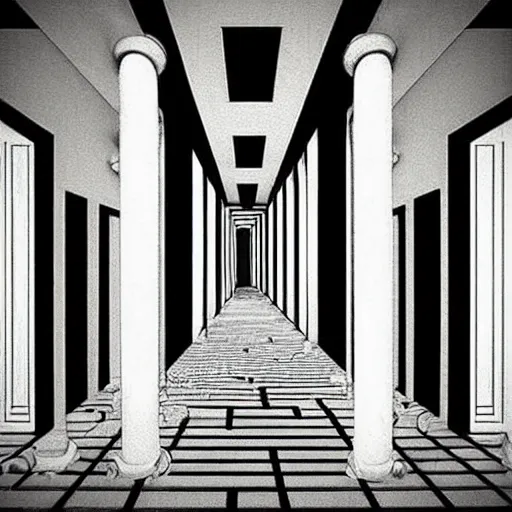 Prompt: “a disorienting white hallway and staircase with many doors, marble material, confusion, creepy, dimensions, MC Escher architecture, by Junji Ito”