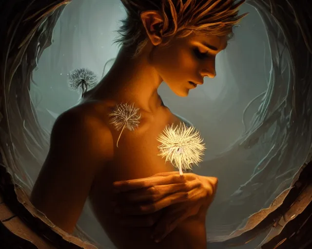 Image similar to 4 k cinematic still portrait of a human figure dandelion monster in a dark liminal space room, amber glow, deep focus, d & d, fantasy, intricate, elegant, highly detailed, digital art, art station, concept art, matte, sharp focus, illustration, dark fantasy art, hearthstone, art by artgerm and greg rutkowski and alphonse mucha