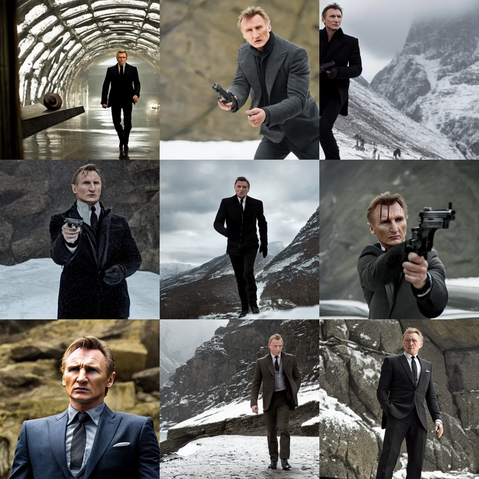 Prompt: Liam Neeson as James Bond, film still from Skyfall (2012)